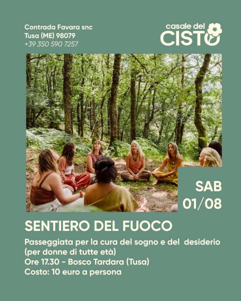 Locandina evento Sentiero del Fuoco che si terrà l'1 Agosto 2026 nei sentieri del Bosco di Tardara di Tusa riservata a donne di tutte le età